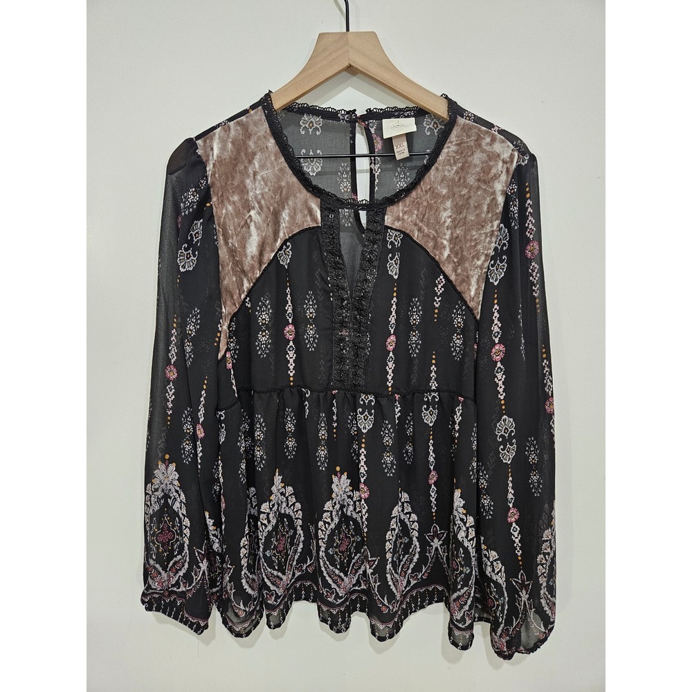 Knox Rose XXL Black Velvet Paisley Blouse Whimsigoth Boho Sheer Babydoll Top